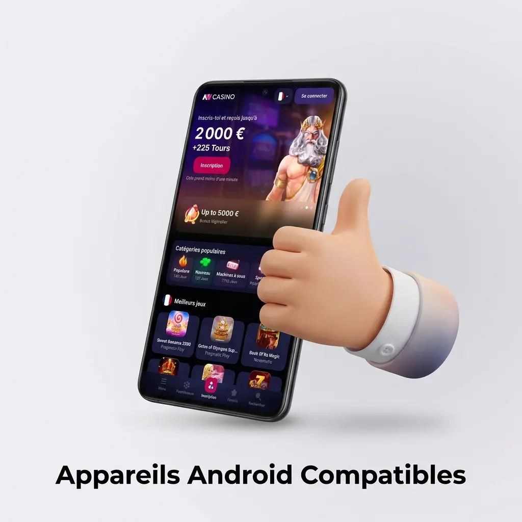 Liste des appareils Android compatibles avec l'application NV Casino, incluant Samsung, Xiaomi, Google Pixel et Huawei