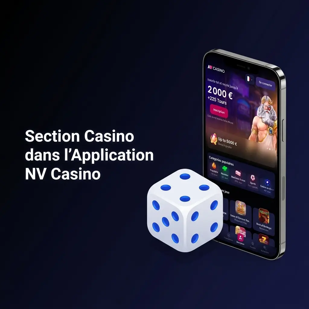 Section casino de l'application NV Casino avec machines à sous, jeux de table et casino en direct 24h/24