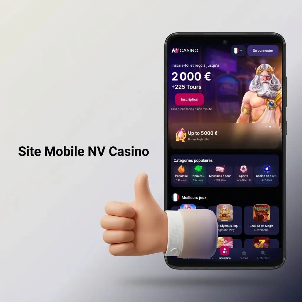Interface mobile NV Casino sur smartphone et tablette, compatible iOS et Android sans téléchargement requis.