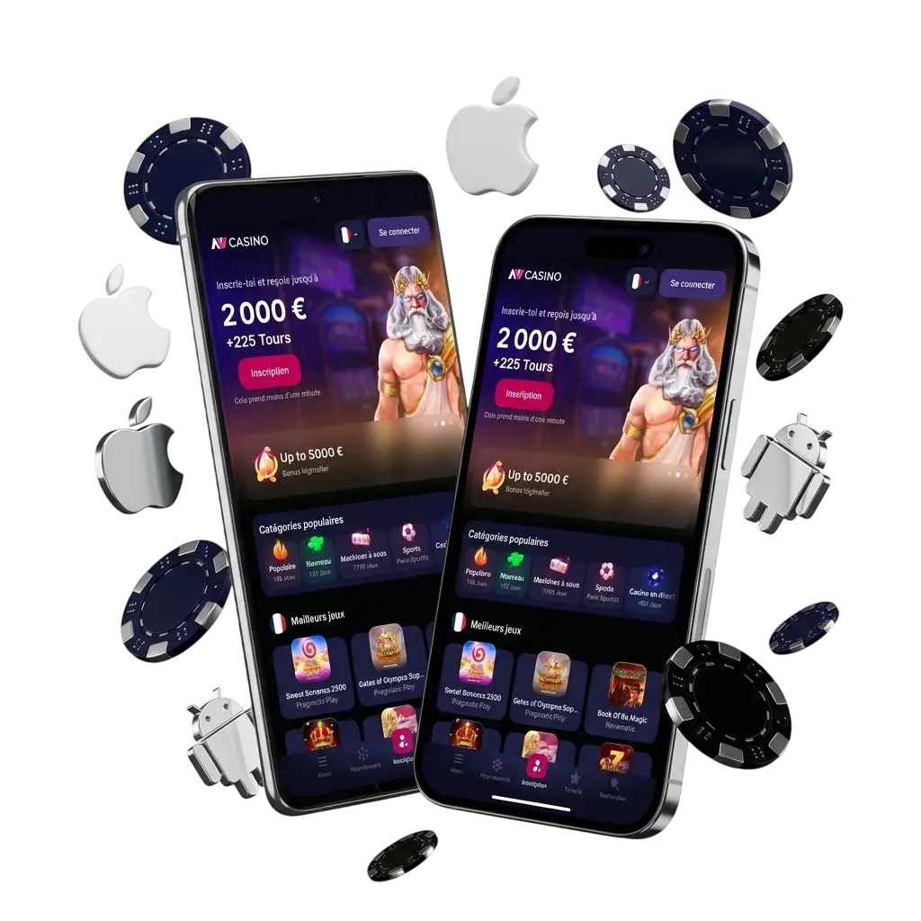 Application NV Casino téléchargeable sur Android APK et iOS avec bonus 2000 EUR et 225 tours gratuits