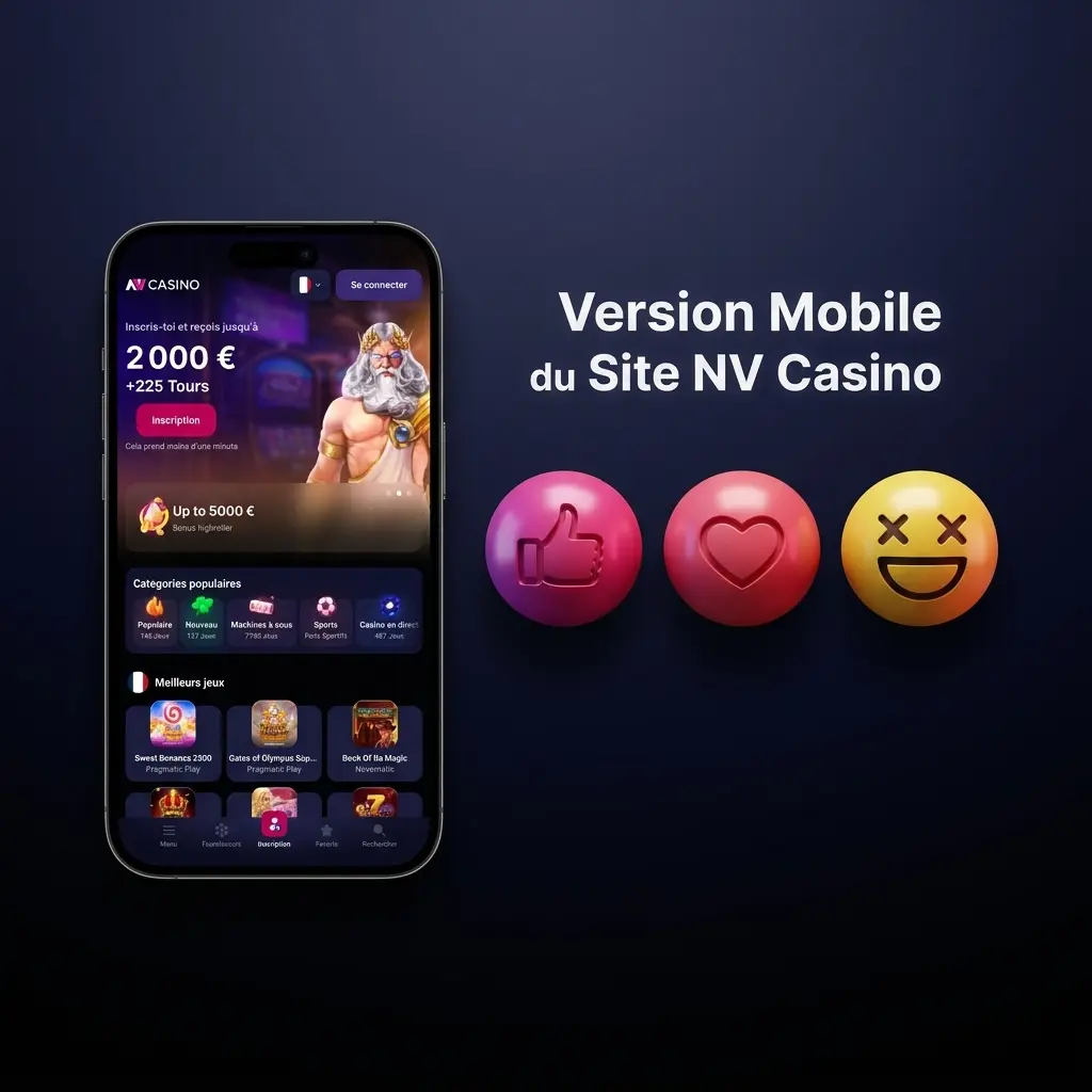 Site mobile NV Casino optimisé sur smartphone et tablette, accès direct sans téléchargement aux paris et casino